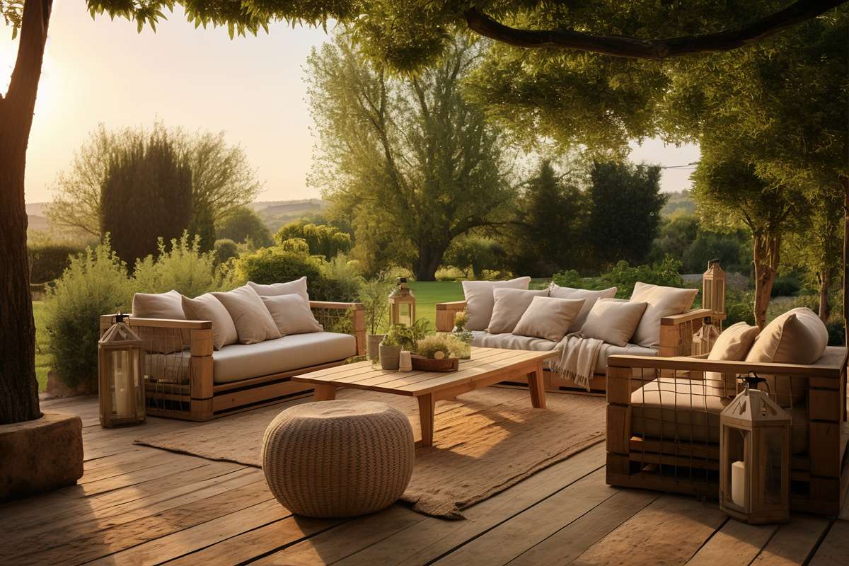 terrasse rustique avec mobilier de jardin et vegetation 11zon